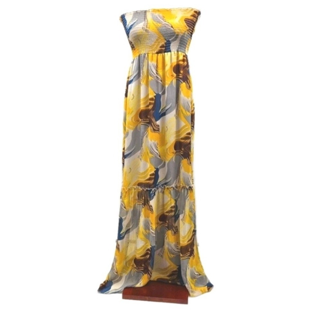 Vertigo Womens Strapless Smocked Maxi Dress Yellow Blue‎ Abstract Print Size M